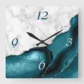 ティール（緑がかった色）エレガントアゲートシルバーグリッター大理石 スクエア壁時計 (正面)
