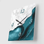ティール（緑がかった色）エレガントアゲートシルバーグリッター大理石 スクエア壁時計 (傾斜)