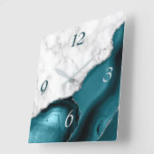 ティール(緑がかった色)エレガントアゲートシルバーグリッター大理石 スクエア壁時計 (傾斜)