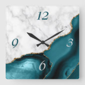 ティール(緑がかった色)エレガントエーゲート金ゴールドグリッター大理石 スクエア壁時計 (正面)