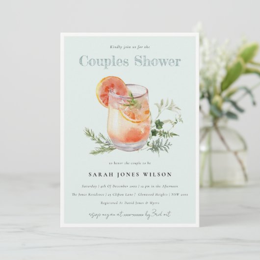 ティール（緑がかった色）エレガントオレンジグリーンカクテルカップルシャワー 招待状 (スタンド正面)