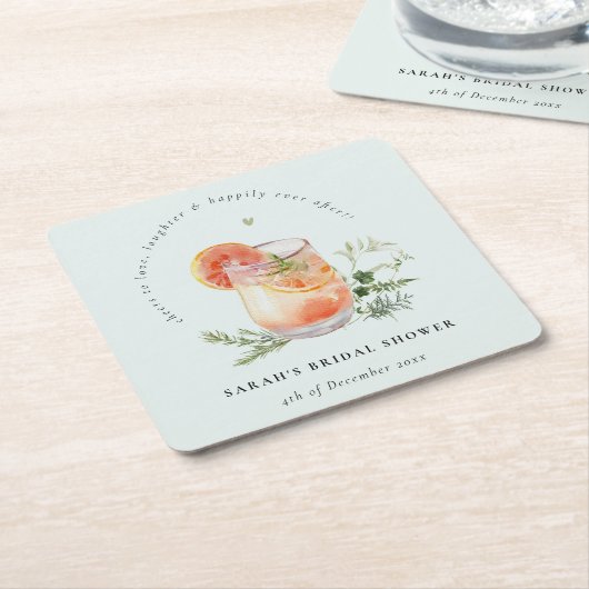 ティール（緑がかった色）エレガントオレンジグリーンカクテルブライダルシャワー スクエアペーパーコースター (アングル)