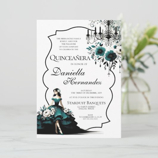 ティール（緑がかった色）エレガントキンセアニラ招待状 招待状 (スタンド正面)