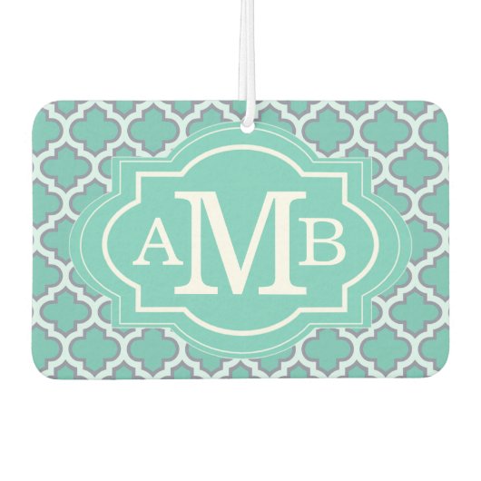 ティール（緑がかった色）エレガントクローバーパターンカスタムモノグラム カーエアーフレッシュナー (正面)