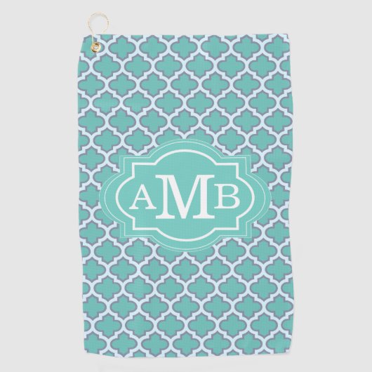 ティール（緑がかった色）エレガントクローバーパターンカスタムモノグラム ゴルフタオル (正面)