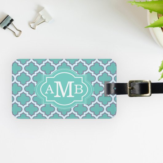 ティール（緑がかった色）エレガントクローバーパターンカスタムモノグラム ラゲッジタグ