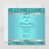 ティール(緑がかった色)エレガントグリッターシルバーダイヤモンドパール誕生日 招待状 (正面)