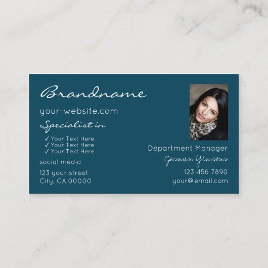 ティール(緑がかった色)エレガントグリッタースター(ロゴと写真つき) 名刺 (裏面)