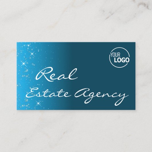 ティール(緑がかった色)エレガントグリッタースター(ロゴと写真つき) 名刺 (正面)