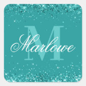 ティール（緑がかった色）エレガントグリッターブルーグリーンモノグラム スクエアシール (正面)