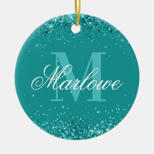 ティール(緑がかった色)エレガントグリッターブルーグリーンモノグラム セラミックオーナメント (正面)