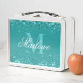 ティール（緑がかった色）エレガントグリッターブルーグリーンモノグラム メタルランチボックス (インサイチュ)