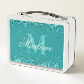 ティール（緑がかった色）エレガントグリッターブルーグリーンモノグラム メタルランチボックス (裏面)