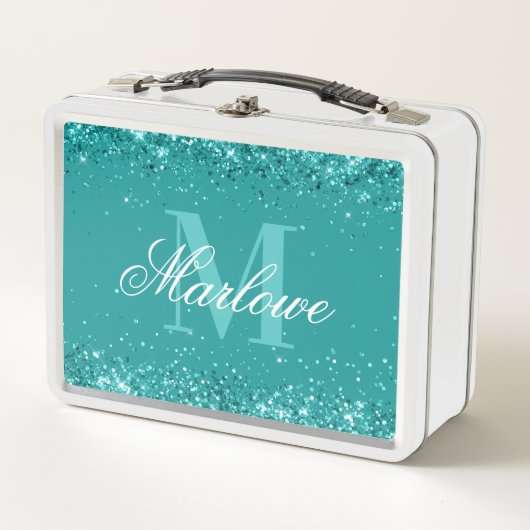 ティール（緑がかった色）エレガントグリッターブルーグリーンモノグラム メタルランチボックス (正面)