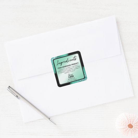 ティール（緑がかった色）エレガントグリッター及びインキ原料ラベル スクエアシール (封筒)