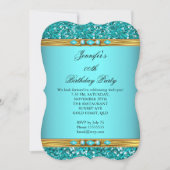 ティール（緑がかった色）エレガントグリッター金ゴールドダイヤモンドバースデーパーティー2 招待状 (正面)