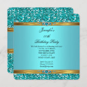 ティール(緑がかった色)エレガントグリッター金ゴールドダイヤモンドパール誕生日 招待状 (正面/裏面)