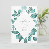 ティール（緑がかった色）エレガントグリーナリーウォーターブライダルシャワー 招待状 (スタンド正面)