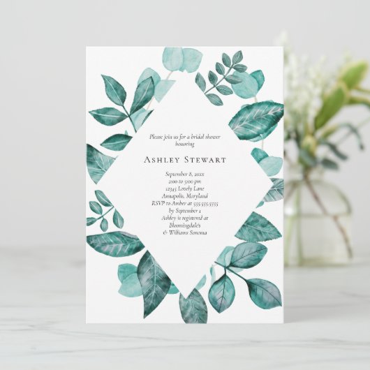 ティール（緑がかった色）エレガントグリーナリーウォーターブライダルシャワー 招待状 (スタンド正面)