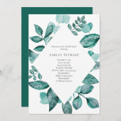ティール（緑がかった色）エレガントグリーナリーウォーターブライダルシャワー 招待状 (正面/裏面)