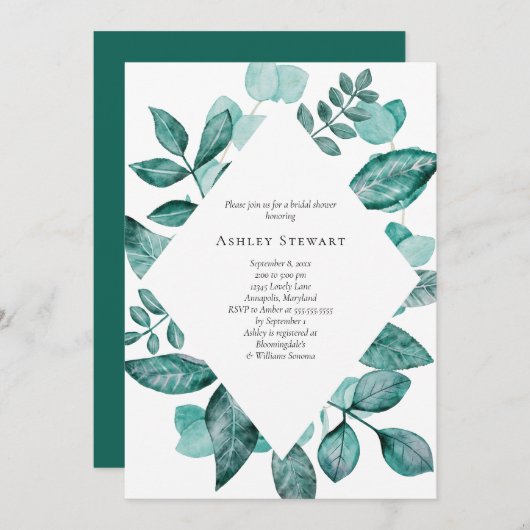 ティール（緑がかった色）エレガントグリーナリーウォーターブライダルシャワー 招待状 (正面/裏面)