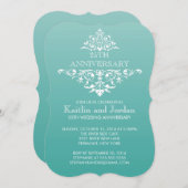 ティール（緑がかった色）エレガントグリーンブルーフローリシッシュアニバーサリーバーサリーパーティー 招待状 (正面/裏面)