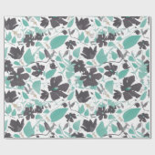 ティール（緑がかった色）エレガントグレイ茶色クレマチス花柄 ラッピングペーパー (フラット)