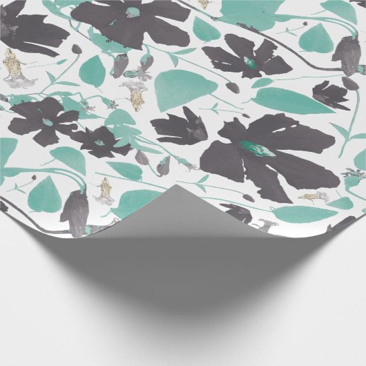 ティール（緑がかった色）エレガントグレイ茶色クレマチス花柄 ラッピングペーパー (角)