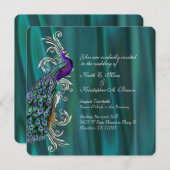 ティール（緑がかった色）エレガントサテンと孔雀結婚式招待状 招待状 (正面/裏面)