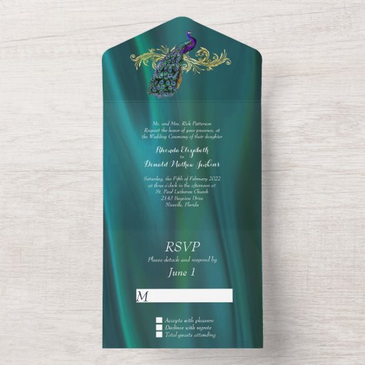 ティール(緑がかった色)エレガントサテンと孔雀 オールインワン招待状 (内側)