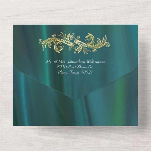 ティール(緑がかった色)エレガントサテンと孔雀 オールインワン招待状 (裏面)