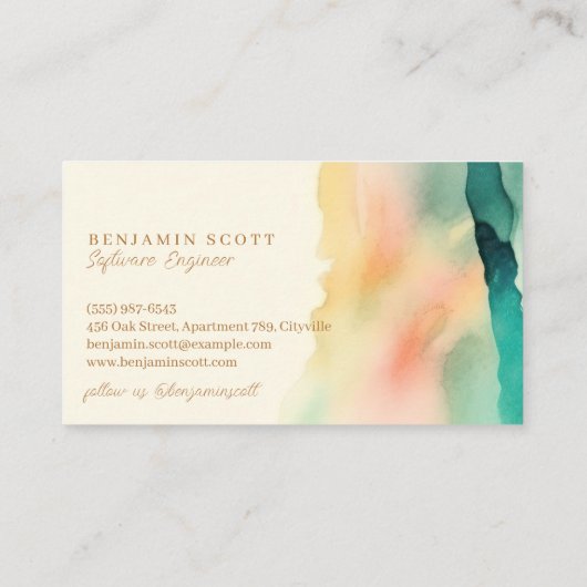 ティール(緑がかった色)エレガントサンディウォーターカラーコーストチャームデザイン 名刺 (裏面)