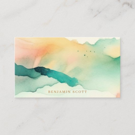 ティール（緑がかった色）エレガントサンディウォーターカラーコーストチャームデザイン 名刺 (正面)