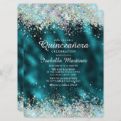 ティール(緑がかった色)エレガントシルバーグリッターキンセアニラ 招待状 (正面/裏面)