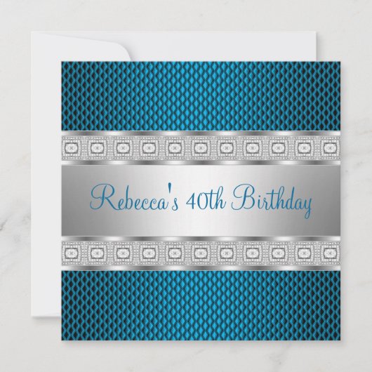 ティール(緑がかった色)エレガントシルバージュエル40歳の誕生日 招待状 (正面)