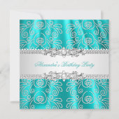 ティール（緑がかった色）エレガントシルバーレースダイヤモンドオーバーレイパーティー 招待状 (正面)