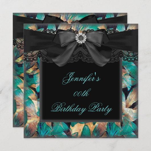 ティール（緑がかった色）エレガントジェイドフローラブラックレースバースデーパーティー 招待状 (正面/裏面)