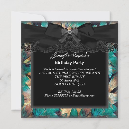 ティール（緑がかった色）エレガントジェイドフローラブラックレースバースデーパーティー 招待状 (裏面)