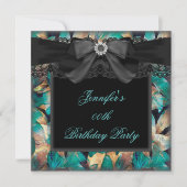 ティール（緑がかった色）エレガントジェイドフローラブラックレースバースデーパーティー 招待状 (正面)