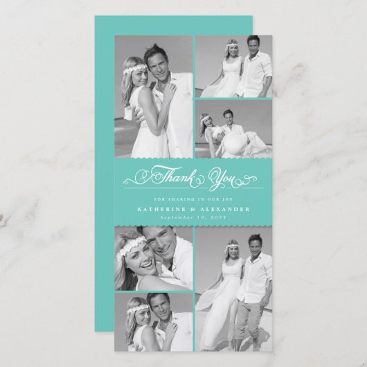 ティール(緑がかった色)エレガントスカロップバンド6フォトシック結婚ズ サンキューカード (正面/裏面)