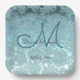 ティール（緑がかった色）エレガントターコイズウェディングレセプションモノグラム ペーパープレート