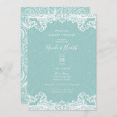 ティール（緑がかった色）エレガントターコイズホワイトレースベビーシャワー 招待状 (正面/裏面)