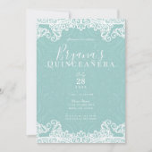 ティール(緑がかった色)エレガントターコイズ&レース15thキンセアニラ 招待状 (正面)