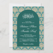 ティール（緑がかった色）エレガントダマスクアラビアアルチイスラム結婚教徒 招待状 (正面)