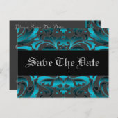 ティール(緑がかった色)エレガントダマスクスクロール日付はがきを保存 案内ポストカード (正面/裏面)