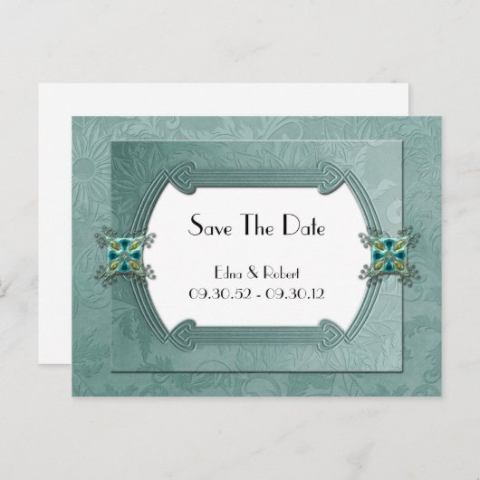 ティール(緑がかった色)エレガントダマスク記念日の保存日付 案内ポストカード (正面/裏面)