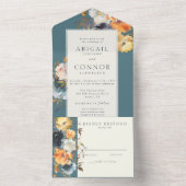 ティール（緑がかった色）エレガントテラコッタネイビーボホフローラオールインオン オールインワン招待状 (内側)