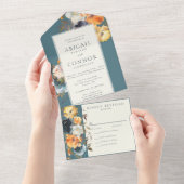 ティール(緑がかった色)エレガントテラコッタネイビーボホフローラ オールインワン招待状 (貼ってはがせる)