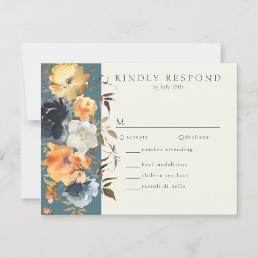 ティール（緑がかった色）エレガントテラコッタネイビーボホフローラ 出欠カード (正面)