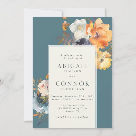 ティール(緑がかった色)エレガントテラコッタネイビーボホフローラ 招待状 (正面)
